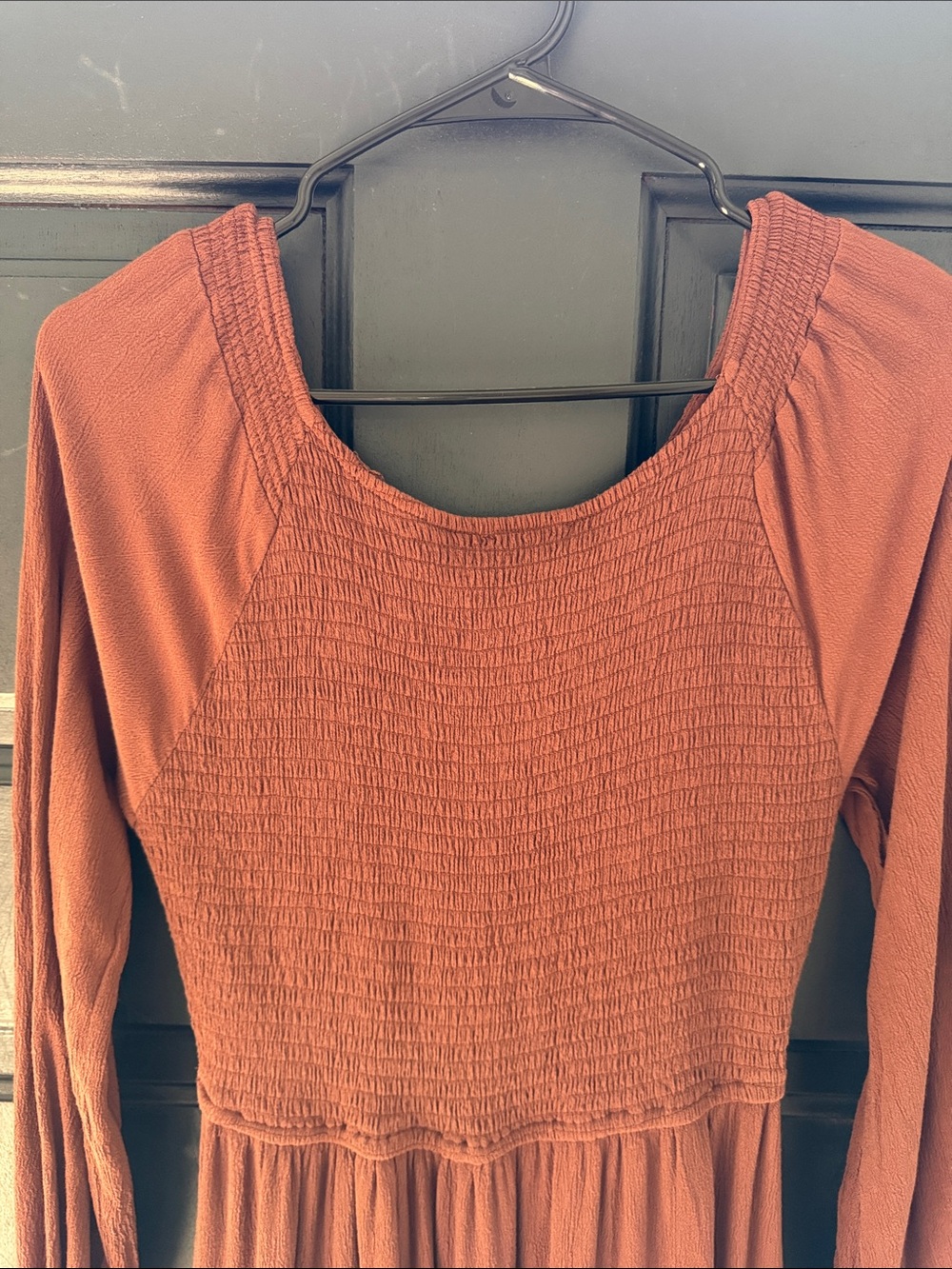 Smocked V-Neck Long Sleeve Maxi Dress - Brown - Picture 6 of 6